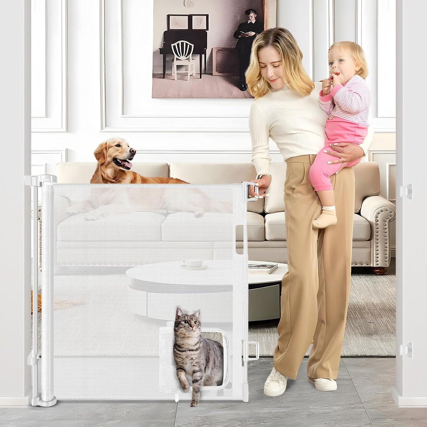 Retractable Baby Gates with Door 55" Wide Retractable Dog Gate with Pet Door Outdoor Retractable Gate for Dogs Mesh Baby Gate Retractable Pet Gate with Cat Door Retractable Child Gates for Doorways
