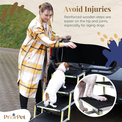 Dog stairs for large dogs PRIORPET - Glow in The Dark Marking - Foldable Dog ramp for Car and Small SUV - Dog steps for Car - Non-Slip Surface - Dog ramps for large dogs - 4 Steps