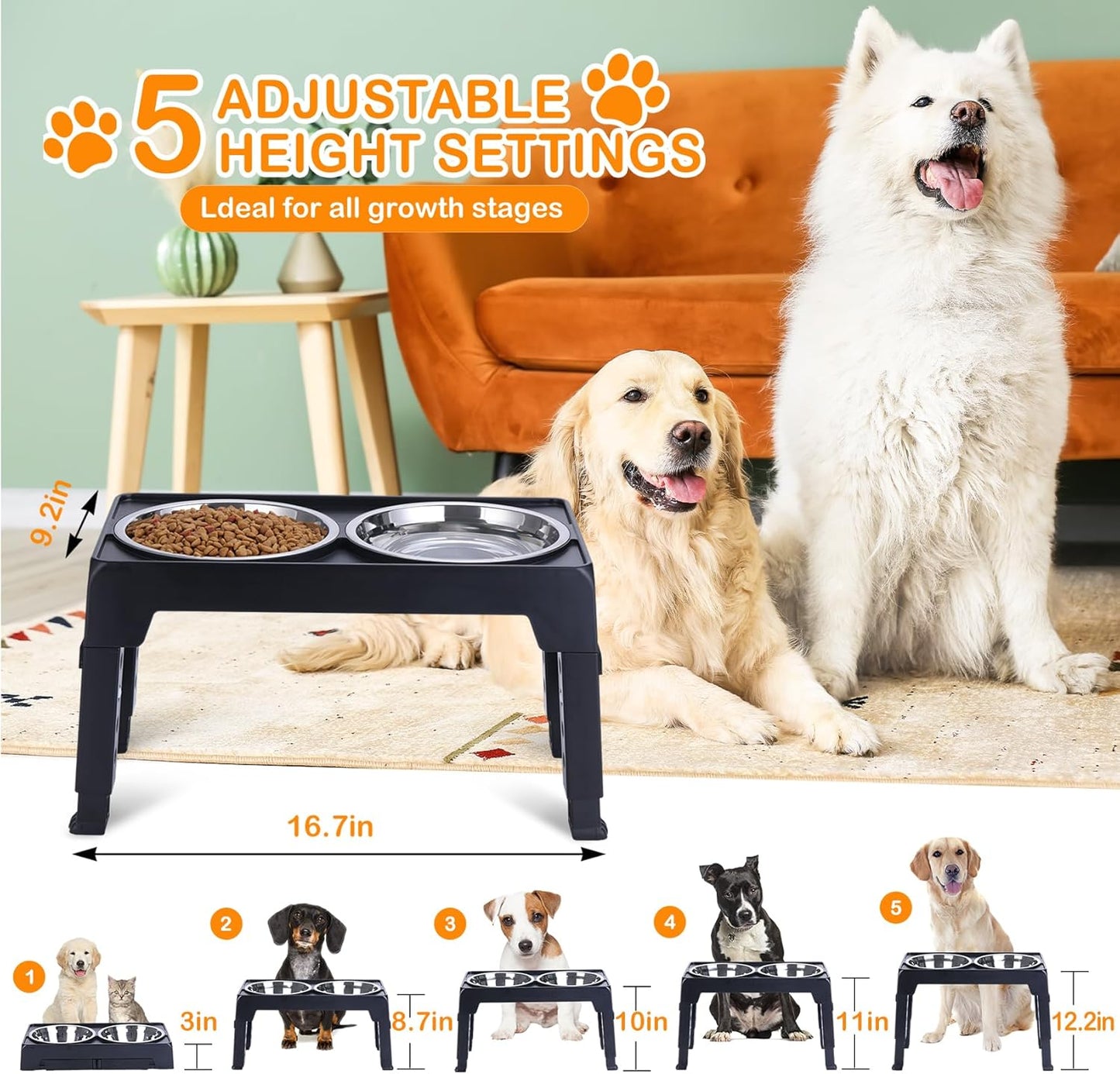 LALOBLUE Elevated Dog Bowls, Raised Dog Bowl with 2 Stainless Steel Dog Food Bowls, Dog Bowls Stand Adjusts to 5 Heights 2.95", 8.46", 9.65", 10.82", 12.01" for Small Medium Large Dogs Cats Pets,Black