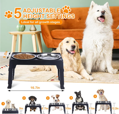 LALOBLUE Elevated Dog Bowls, Raised Dog Bowl with 2 Stainless Steel Dog Food Bowls, Dog Bowls Stand Adjusts to 5 Heights 2.95", 8.46", 9.65", 10.82", 12.01" for Small Medium Large Dogs Cats Pets,Black