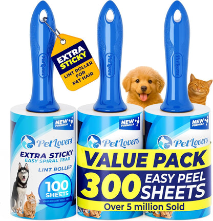 PetLovers Extra Sticky Lint Roller Mega Value Set 600 Sheets for Pet Hair Removal, Dog and Cat Lint Remover 6 Pack