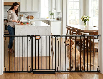 Baby Gates Extra Wide for Large Opennings with Door Pressure Mounted 90.6-95.2 Inch Extra Wide Baby Gate Dog gate for Doorways Indoor Metal Gate No Drilling with Walk-Through Door,White