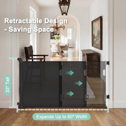 Retractable Baby Gates for Doorways & Stairs, Mesh Retractable Dog Gate for Indoor&Outdoor Use, 33" Tall Expands Up to 60" Width, No Bottom Bar Child Safety Gates for Stairs, Doorways, Hallways, Decks