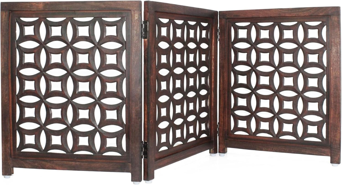 Croft&Cane Wooden Foldable Pet Dog Safety Gate – 3 Panel Freestanding Indoor Pet Fence (20 inches W x 24 inches H) – Hand-Carved Solid Wood & MDF – Fully Assembled - Antique Brown
