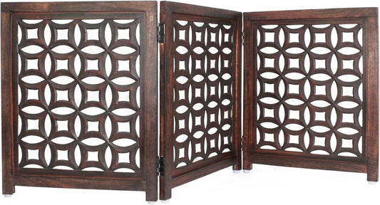 Croft&Cane Wooden Foldable Pet Dog Safety Gate – 3 Panel Freestanding Indoor Pet Fence (20 inches W x 24 inches H) – Hand-Carved Solid Wood & MDF – Fully Assembled - Antique Brown