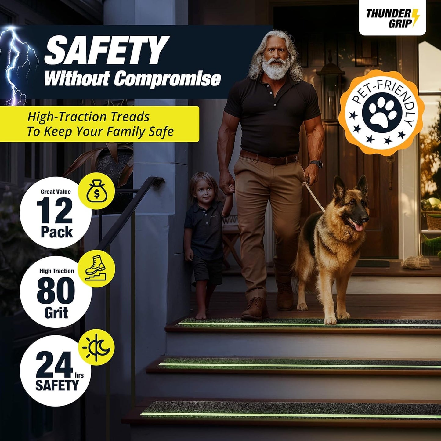 THUNDER GRIP Glow in the Dark 30" x 6"-12-Pack Weather Resistant Outdoor Stair Treads 80-Grit