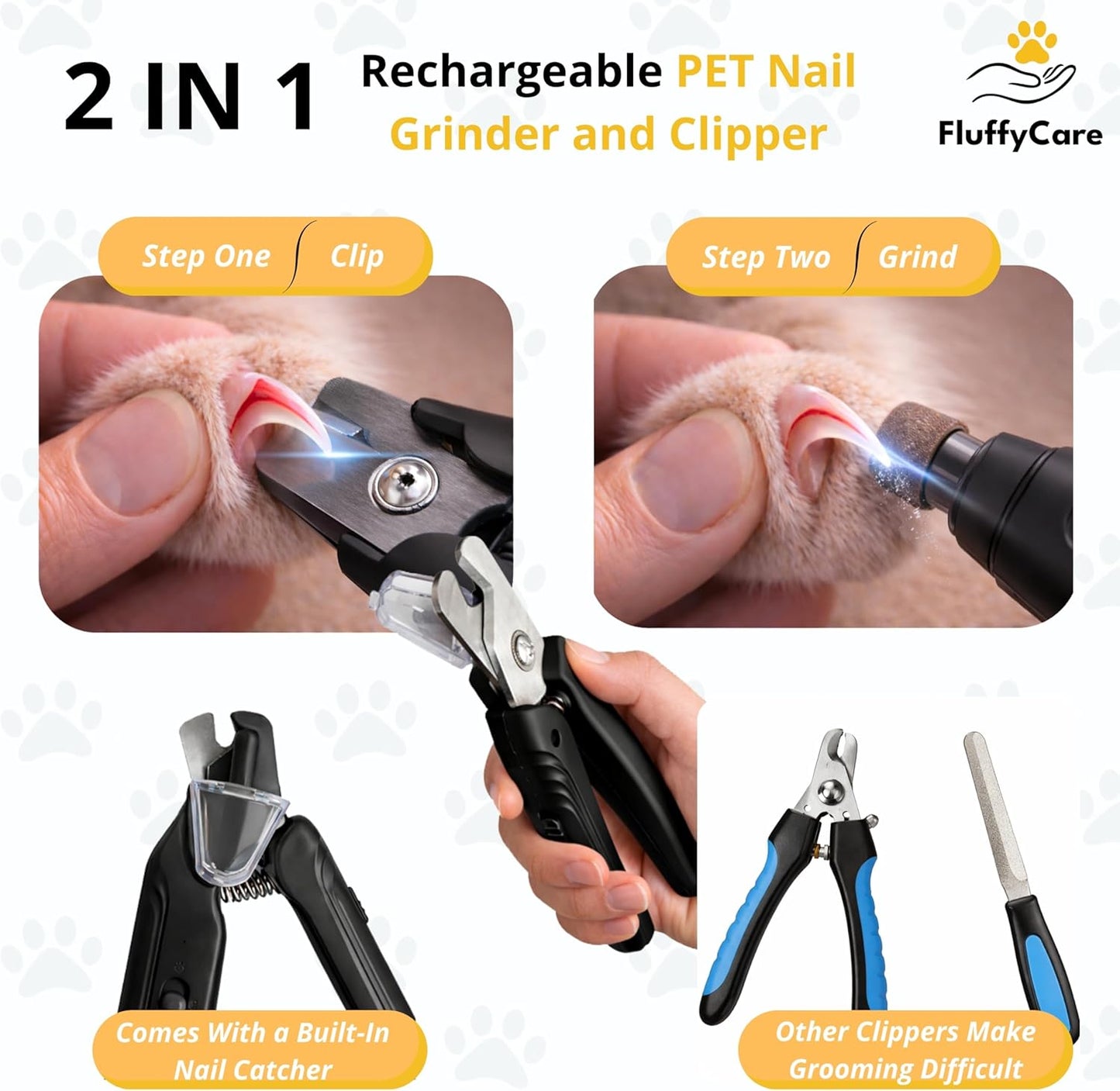 2-in-1 Dog Nail Clippers & Cat Nail Clipper with 2 LED Lights, USB Rechargeable with Safety Guard, Low Noise Grooming Tool for Small, Medium, and Large Dog & Cat Nail Trimmer(White)