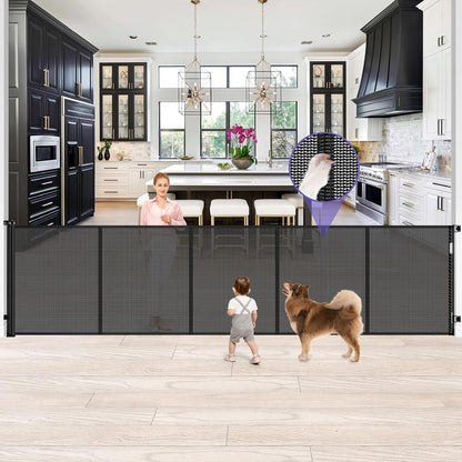 Reinforced 42" Tall Retractable Dog Gate, 155" Extra Long Retractable Baby Gate with Support Rods - Prevent Crawling Under, Indoor/Outdoor Retractable Gate Extra Tall Baby Gate Retractable Fence/Black