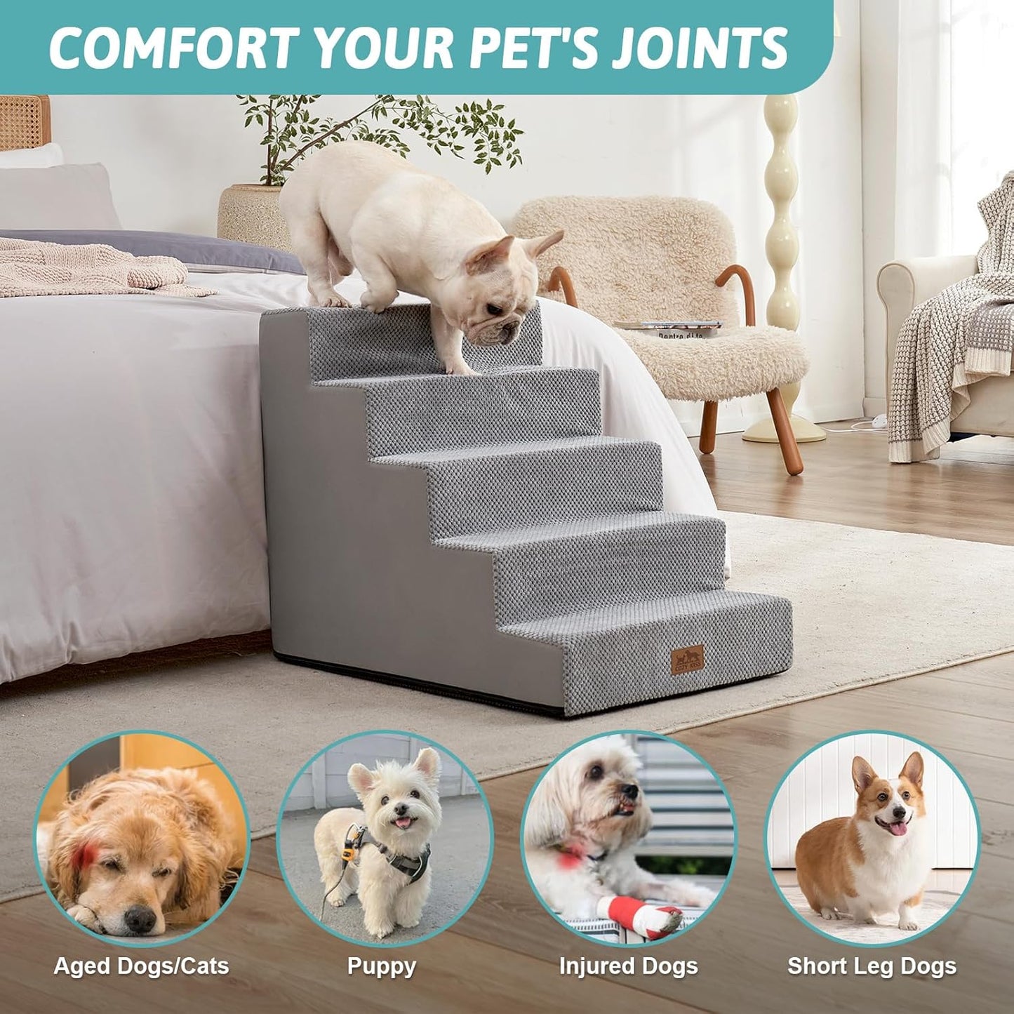 COZY KISS Dog Stairs for Small Dogs, 4 Tier Wider Pet Stairs for Couch and Beds, 17.7" H Non-Slip Dog Steps for Old Cats, Puppy, Small Medium Dogs, 17.7x23.6x17.7 inch, Beige