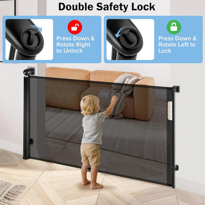Retractable Baby Safety Gate, 33.8" Tall Extends to 55" Wide, Dual Lock, Adjustable Mounting, Extendable Pet Gate for Hallways, Stairs, Indoor & Outdoor（Black）