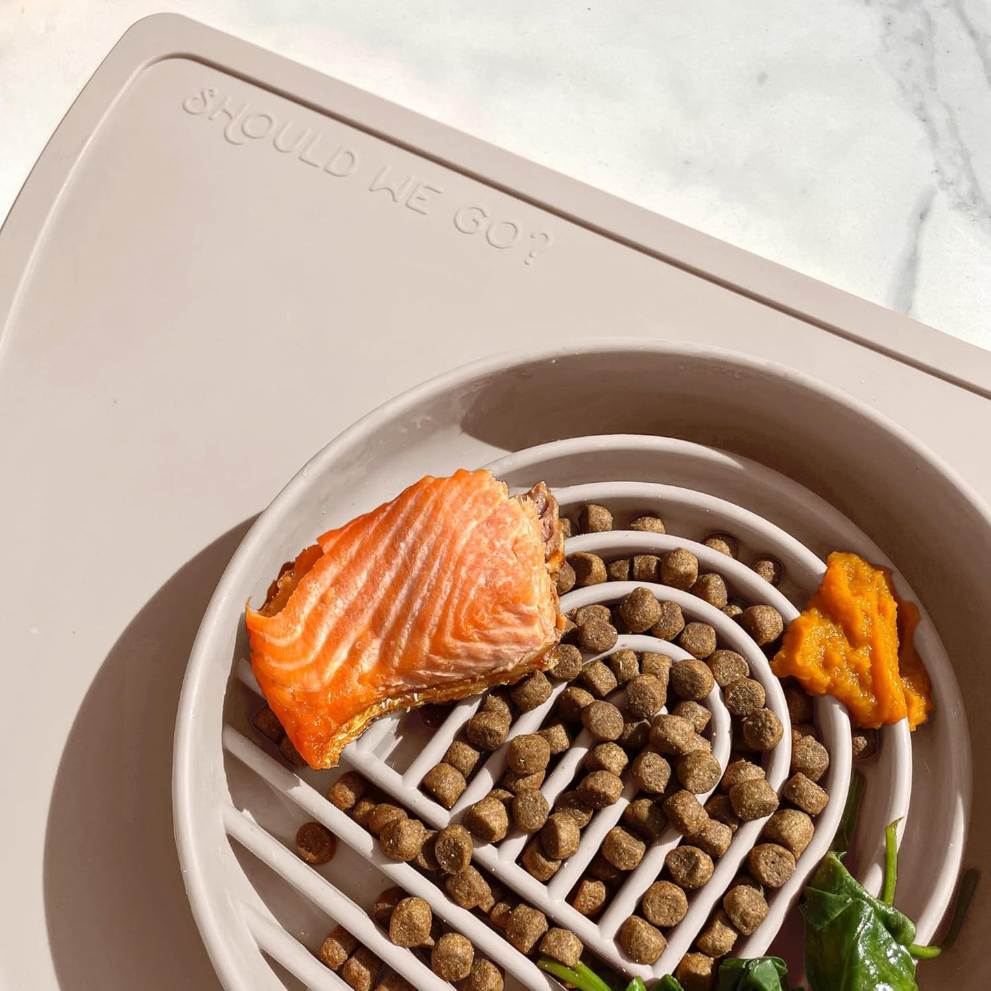 Should We Go? Slow Feeder for Dogs & Puppies, The Slowdown Bowl Silicone Slow Eating, Modern Lick Mat Design, Reduces Gulping, Fits 2 Cups, 7.5” Across x 1.5” Tall, Mealtime Challenge, Medium-Blush