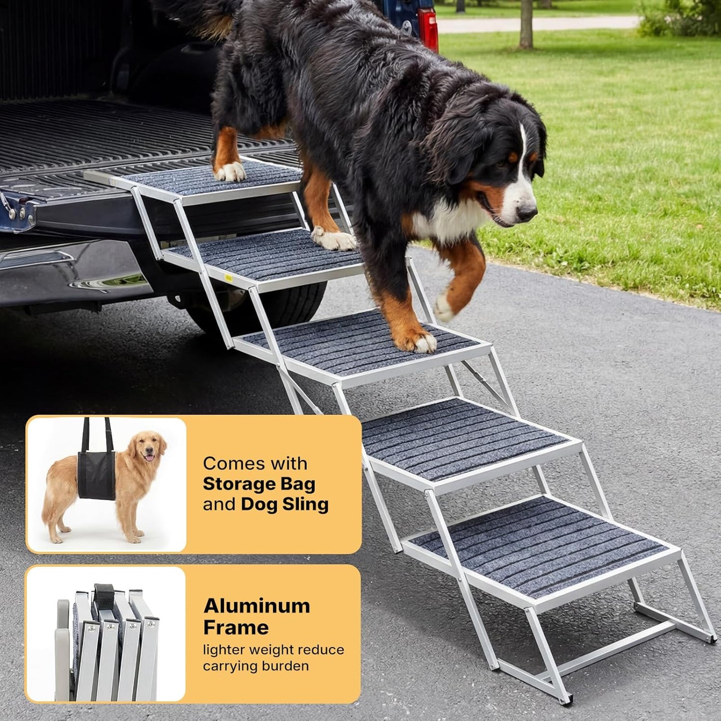 Veehoo Extra Wide Dog Steps for Car SUV Truck Foldable, 4 Steps Portable Aluminum Dog Stairs for Injured Senior Large Dogs 20" Wide, Heavy Duty Pet Ramp Ladder with Non Slip Surface, up to 170lbs