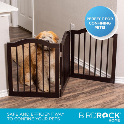 INTERNET'S BEST Arched Top Dog Gate | 4 Panel, 24" H Wooden Pet Barrier for Dogs or Cats | Freestanding Folding Room Divider for Doorways, Hallways, Stairs, and Porch | Portable, Extra Wide | Espresso