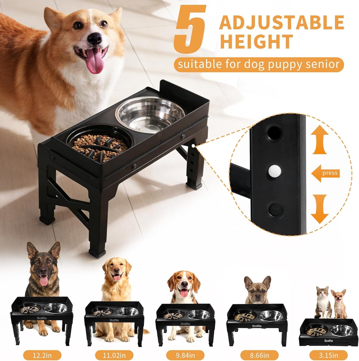 Elevated Dog Bowls for Small Medium Large Dogs 5 Adjustable Heights, 2-in-1 Raised Dog Feeder with 2 Stainless Steel Bowls & Slow Feeder, No Spill Pet Food Water Bowl Stand with Non-Slip Base
