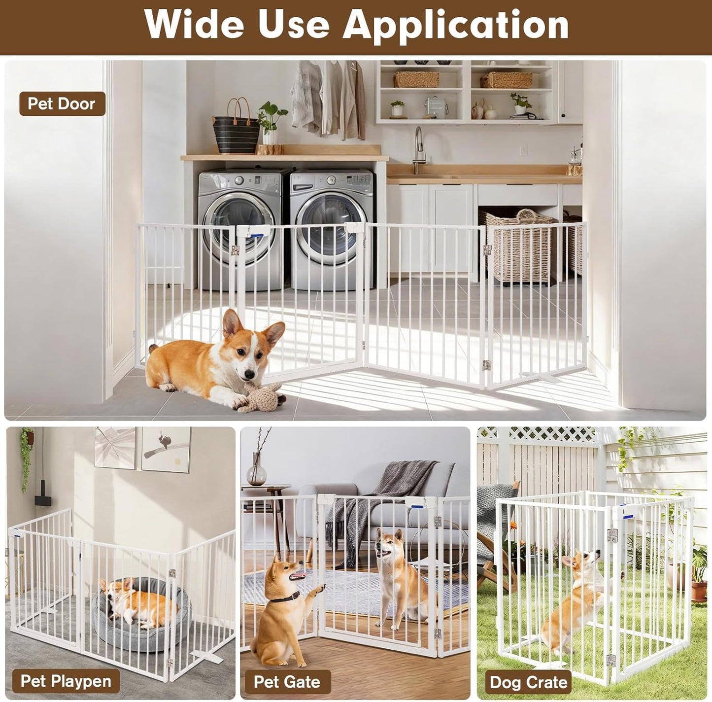 104" Extra Wide Dog Gate, Heavy Duty Metal Freestanding Dog Gate with Door for Indoor & Outdoor, Foldable Pet Fence for Doorways,House,Porch,Deck,Yard,Stairs, Auto Close(4 Panels,Black)