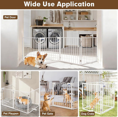 104" Extra Wide Dog Gate, Heavy Duty Metal Freestanding Dog Gate with Door for Indoor & Outdoor, Foldable Pet Fence for Doorways,House,Porch,Deck,Yard,Stairs, Auto Close(4 Panels,Black)