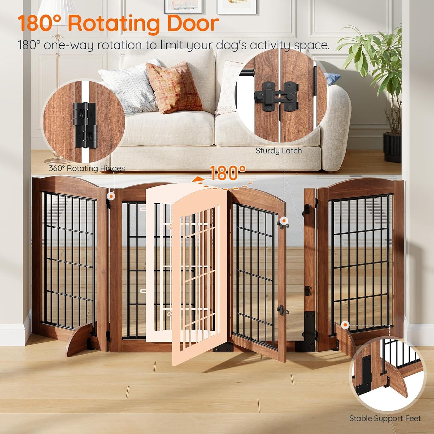 HOOBRO Dog Gate with Door Walk Through, 24.8'' Tall Freestanding Pet Gate with 2 Support Feet, Foldable Dog Fence Indoor, 360° Rotating Hinges, for Doorways, Stairs, Walnut BH85PP03