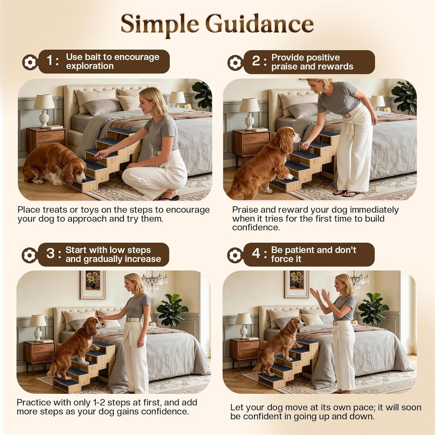 4-Step Wooden Dog Steps for Bed, Anti-Slip Dog Stairs with Carpet Pads, 23.6 Inches Pet Ramp for Dogs to Get on Bed, Pet Stairs for Old & Senior Dogs/Cats, Pet Steps Ladder for High Beds/Couch Sofa