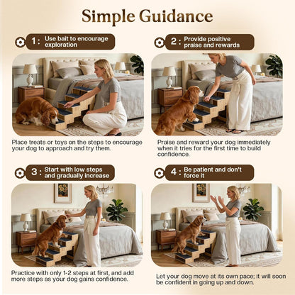 4-Step Wooden Dog Steps for Bed, Anti-Slip Dog Stairs with Carpet Pads, 23.6 Inches Pet Ramp for Dogs to Get on Bed, Pet Stairs for Old & Senior Dogs/Cats, Pet Steps Ladder for High Beds/Couch Sofa