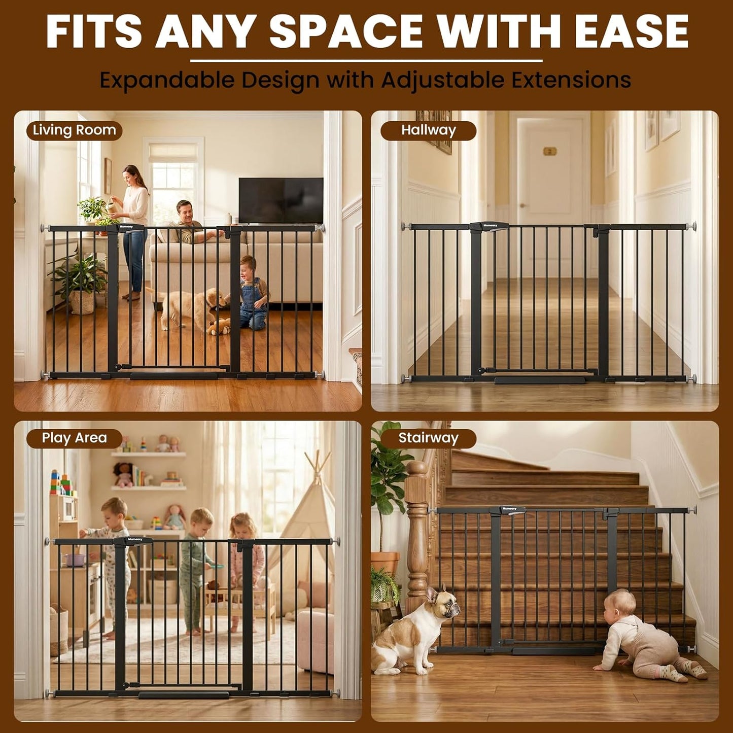 Mumeasy Baby Gate Extra Wide, 29.7-51'' Pressure Mounted Dog Gate with Walk Thru Door, Auto Close Pet Gate for House, Stairs, Doorways,Black