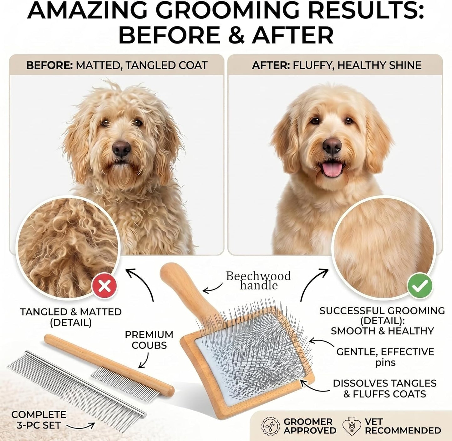 Slicker Brush for Dogs, Large Dog Grooming Brush for Doodles Goldendoodles Poodles Labradoodle Bernedoodles, Long Combs to Wavy & Curly Hair - Wooden Handle 3 Pcs - Nature
