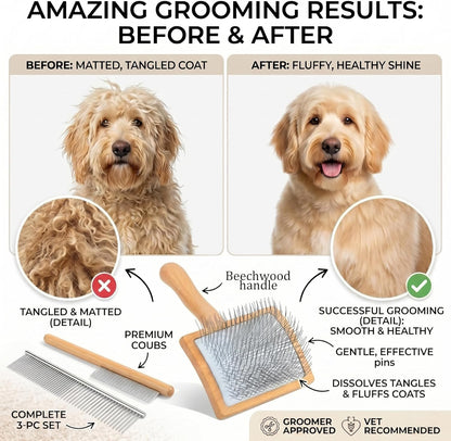 Slicker Brush for Dogs, Large Dog Grooming Brush for Doodles Goldendoodles Poodles Labradoodle Bernedoodles, Long Combs to Wavy & Curly Hair - Wooden Handle 3 Pcs - Nature