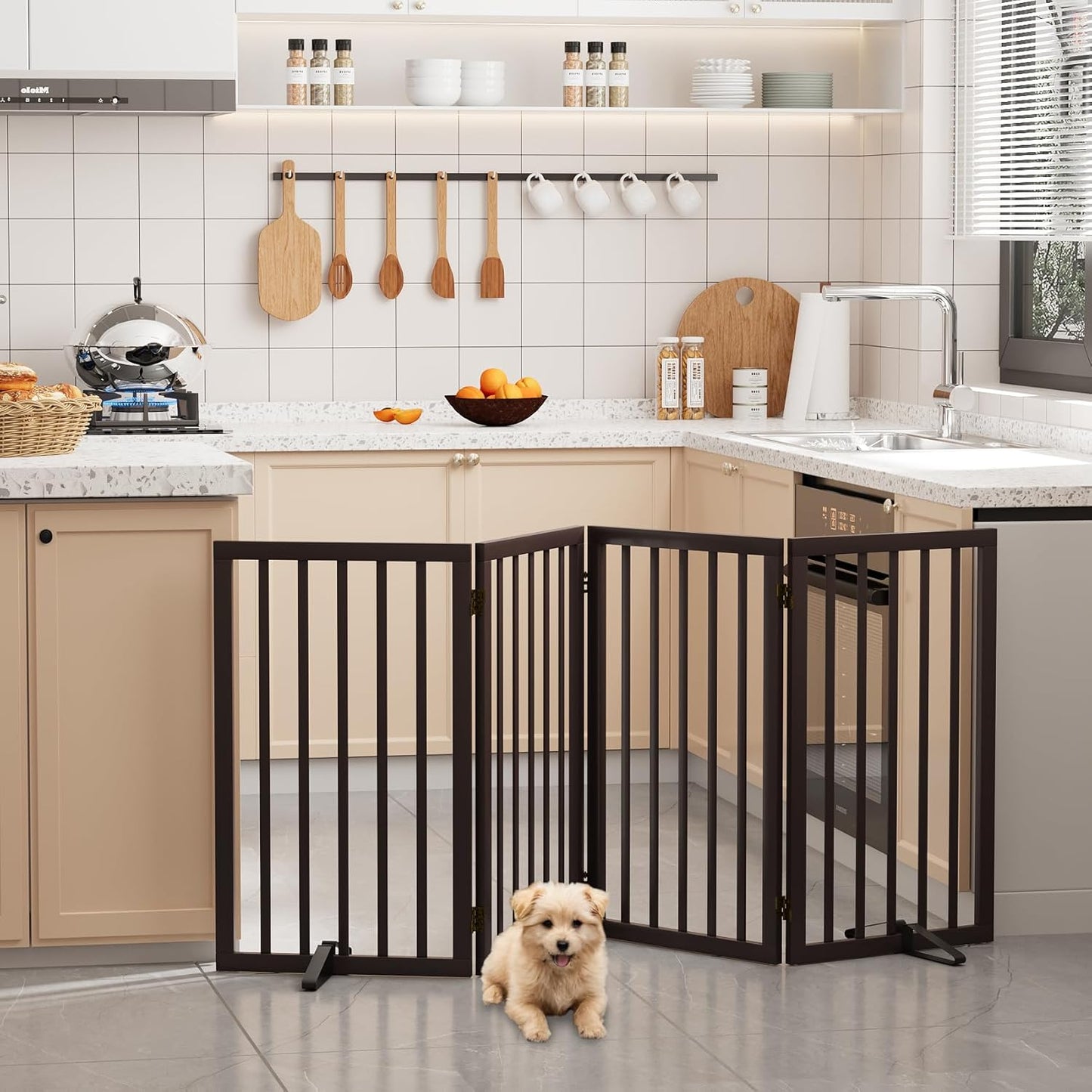 Freestanding Dog Gates Indoor, 3-Panel Pet Gates with 2 Metal Stands and 360° Hinge, 24" H Foldable Dog Gate for Stairs, Doorway, Kitchen, Expands Up to 55" Fully Assembled - Black Walnut