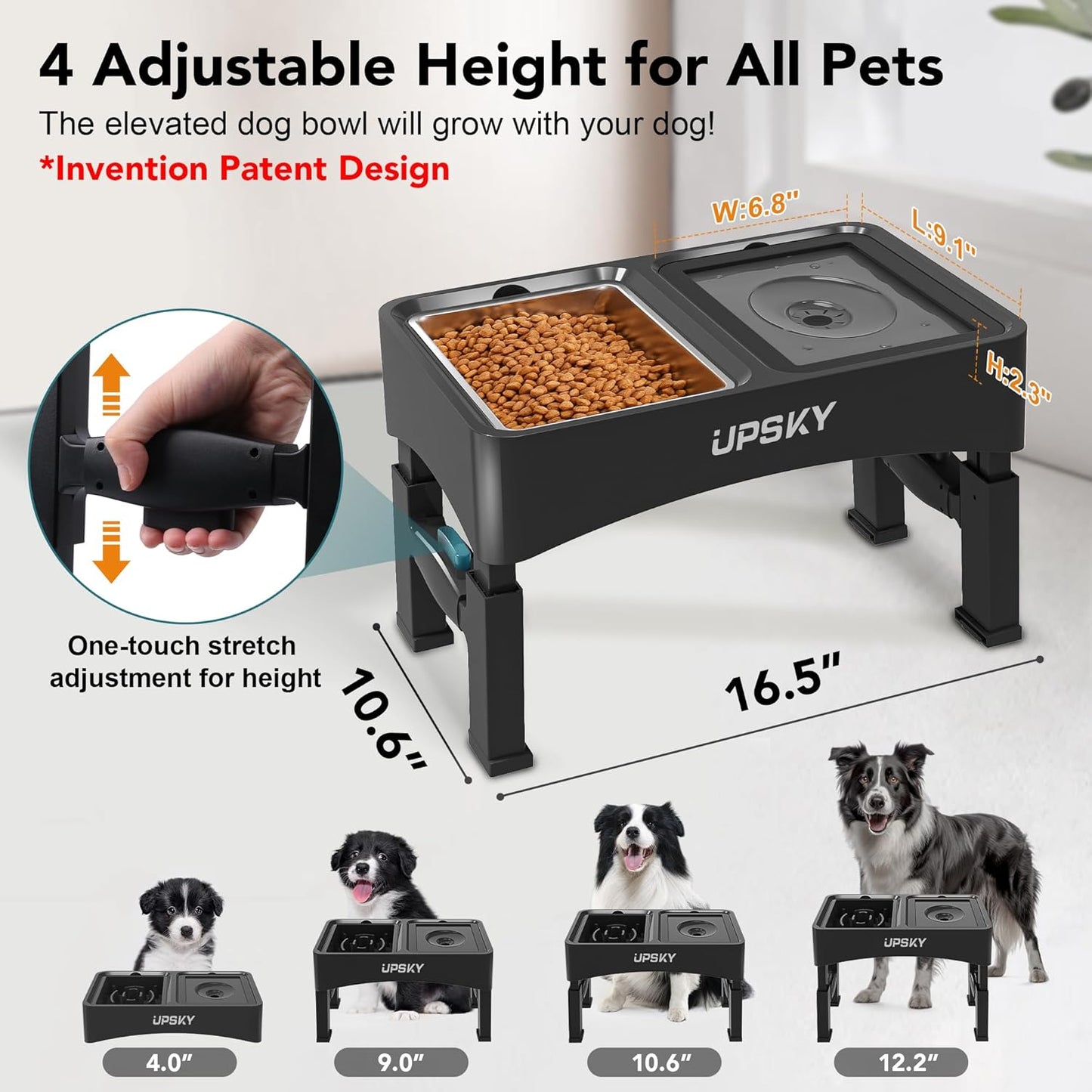UPSKY 2-in-1 Elevated Dog Bowls Slow Feeder, 4 Height Adjustable Raised Bowl Stand, No Spill Dog Water Bowls, Anti-Slip Food and Water Bowls for Small Medium Dogs(Not Include Stainless Steel Bowl)