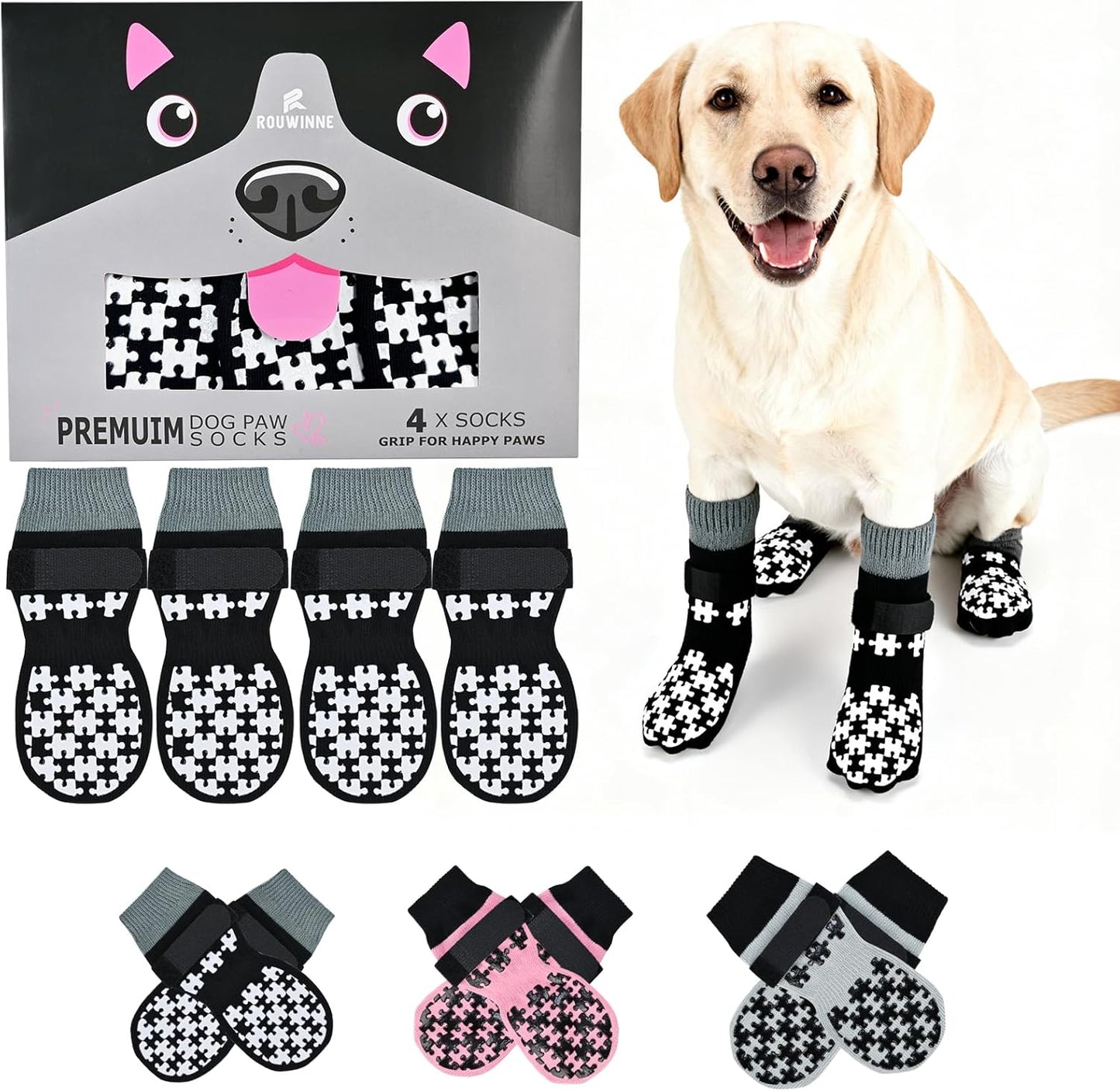 Dog Grippy Socks for Senior Dog - Double Side Dogs Booties to Prevent Licking, Boots & Paw Protectors for Hardwood Floors, No Twist Non Slip Socks for Small Medium Large Dogs, Black, L
