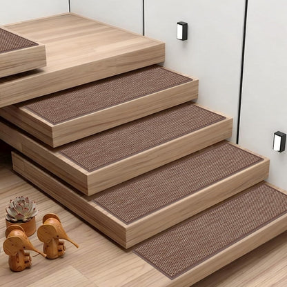 Natural Linen Non Slip Stair Treads, 15 Pack 8" X 30" Carpet Stair Treads with Reusable TPE Adhesive Backing, Non Slip Stair Runner Indoor for Kids Elders and Pets, Machine Washable, Brown Weave