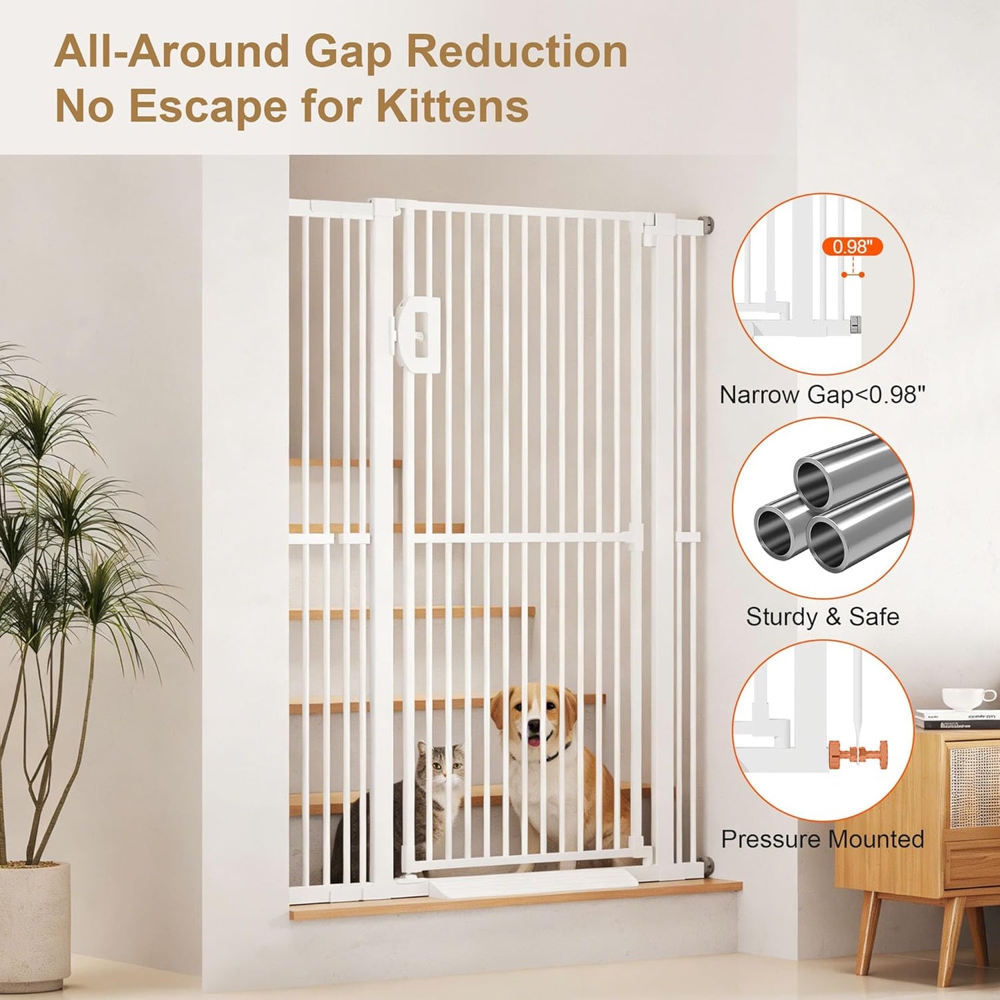 Jekriuet 57" Extra Tall Pet Gate, Auto Close Dog Door Pressure Mounted No Drilling for Doorways, Hallways, Stairs, Expandable 27.5"-38.5" Wide, Narrow 1.18" Spacing for Small Dogs & Puppies, Black