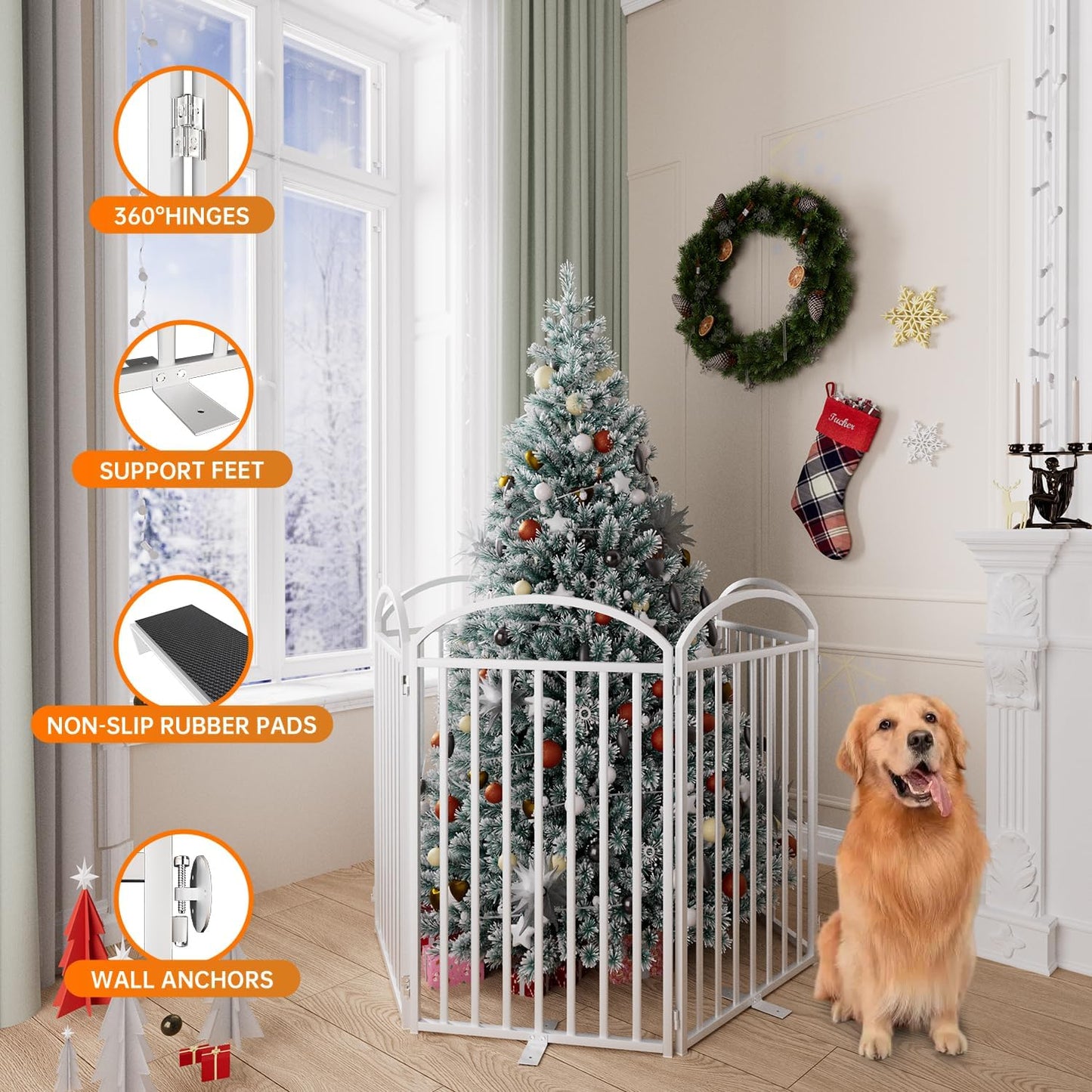 SNUOWU 4 Panels Full Matel Freestanding Dog Gates with Door, 96"Extra Wide 32"Tall Free Standing Dog Pet Gate for Indoor & Outdoor. Foldable Pet Fences for Doorways, House, Stairs, Porch, Deck, Yard