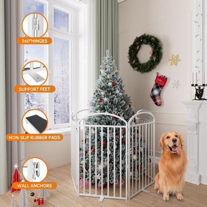 SNUOWU 4 Panels Full Matel Freestanding Dog Gates with Door, 96"Extra Wide 32"Tall Free Standing Dog Pet Gate for Indoor & Outdoor. Foldable Pet Fences for Doorways, House, Stairs, Porch, Deck, Yard