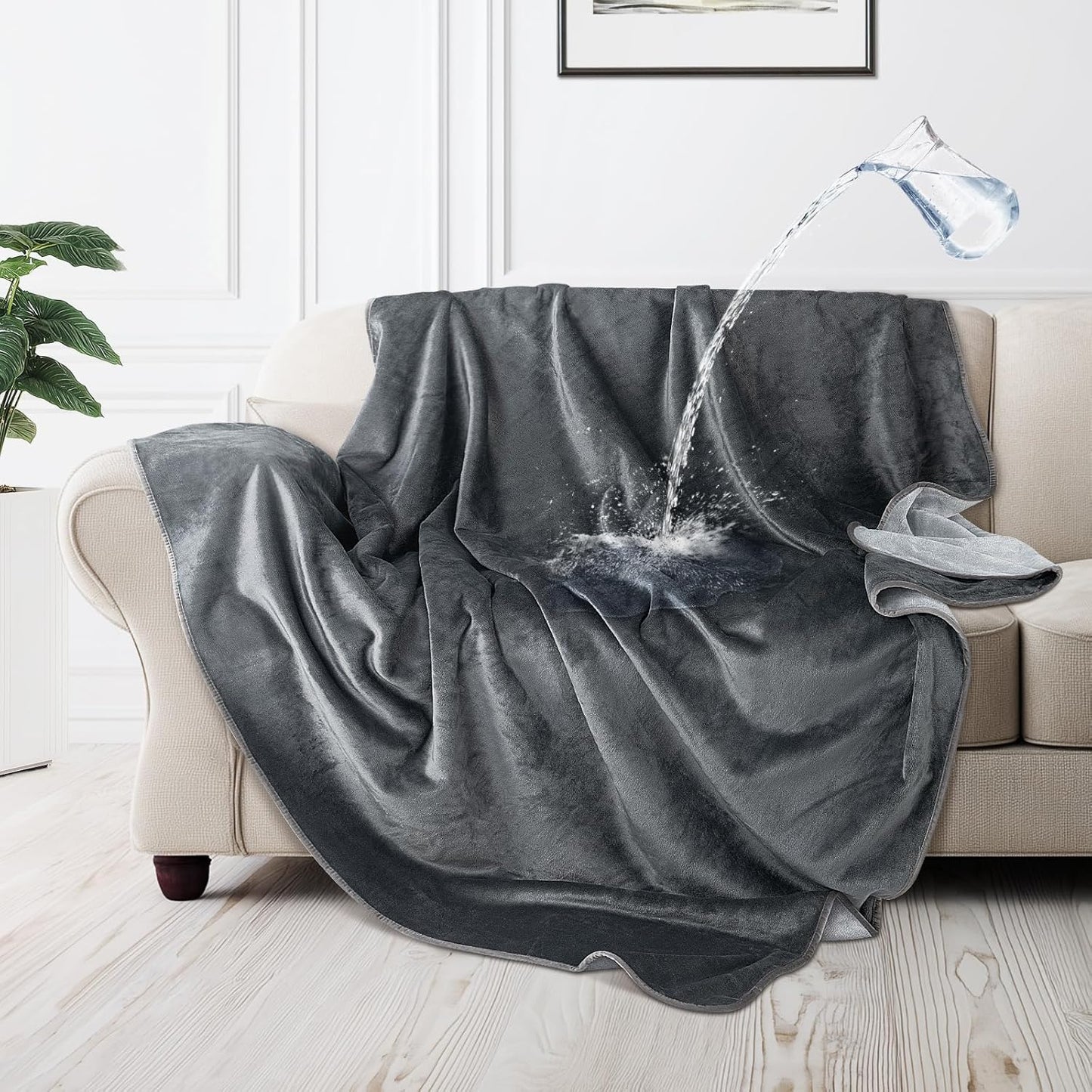LOOBANI Waterproof Blanket for Bed: Reversible Soft Flannel Twin Bed Blanket 60" x 80", Leakproof Throw Spill-Proof Dog Pet Blanket for Couch Cover, Movie Time, Camping, Travel, Grey