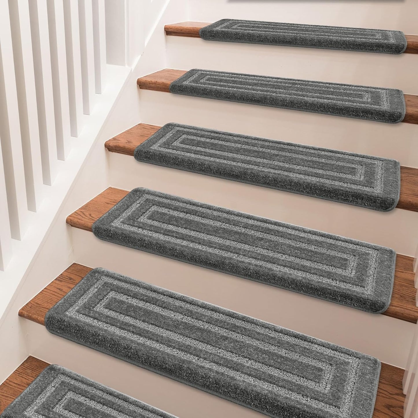 PURE ERA Bullnose Carpet Stair Treads Set Tape Free Non-Slip Indoor Stair Protectors Pet Friendly Rugs Covers Soft Skid Resistant Washable Reusable 9.5" x 30"(14 Pieces,Cream Gray)