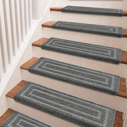 PURE ERA Bullnose Carpet Stair Treads Set Tape Free Non-Slip Indoor Stair Protectors Pet Friendly Rugs Covers Soft Skid Resistant Washable Reusable 9.5" x 30"(14 Pieces,Cream Gray)