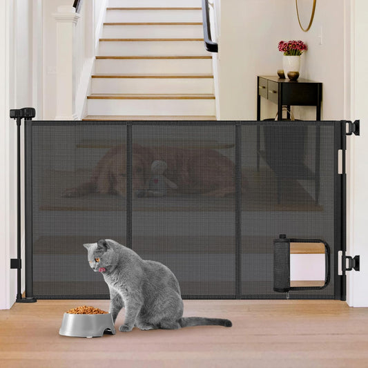 Reinforced 60” Wide Retractable Dog Gate with Cat Door Gates for Pets with Reinforced Strips 33” Tall Mesh Baby Gate Retractable Pet Gates for Dogs Indoor with Door Cats Can in and Out Freely, Gray
