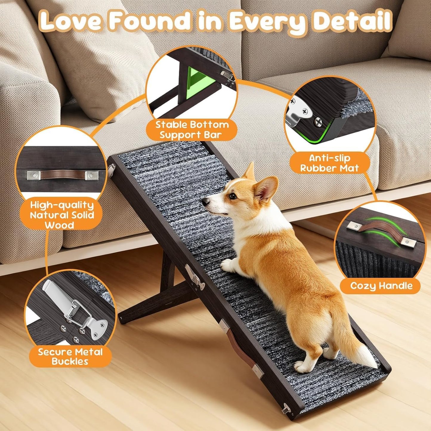 Pawaboo Foldable Dog Ramp, Small Dog Ramp for Couch, 4 Adjustable Height from 13'' to 21", Stable Pet Steps with Non-Slip Pad, Portable Pet Ramps Use for Couch Sofa Stairs, Wood
