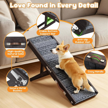 Pawaboo Foldable Dog Ramp, Small Dog Ramp for Couch, 4 Adjustable Height from 13'' to 21", Stable Pet Steps with Non-Slip Pad, Portable Pet Ramps Use for Couch Sofa Stairs, Wood