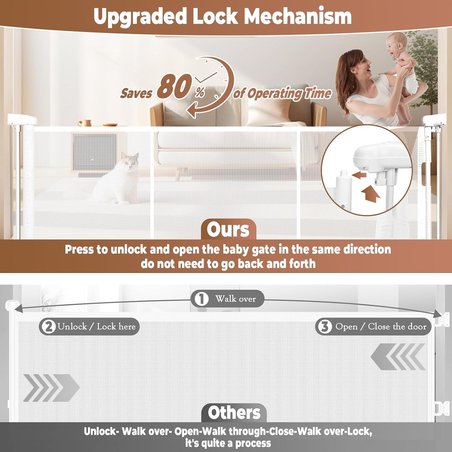 236" Retractable Baby Gate Extra Wide, 41" Tall Retractable Dog Gate for Stairs, Doorways, Decks, Mesh Gate Long Child Gate Pet Gate for Indoor, Outdoor, with Reinforced Mesh Rods, Dual Locks