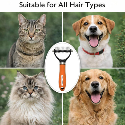 2-Sided Undercoat Rake for Dogs and Cats, Deshedding & Dematting Comb for Long Hair, Dog Brush for Shedding and Tangles, Stainless Steel Pet Grooming Tool