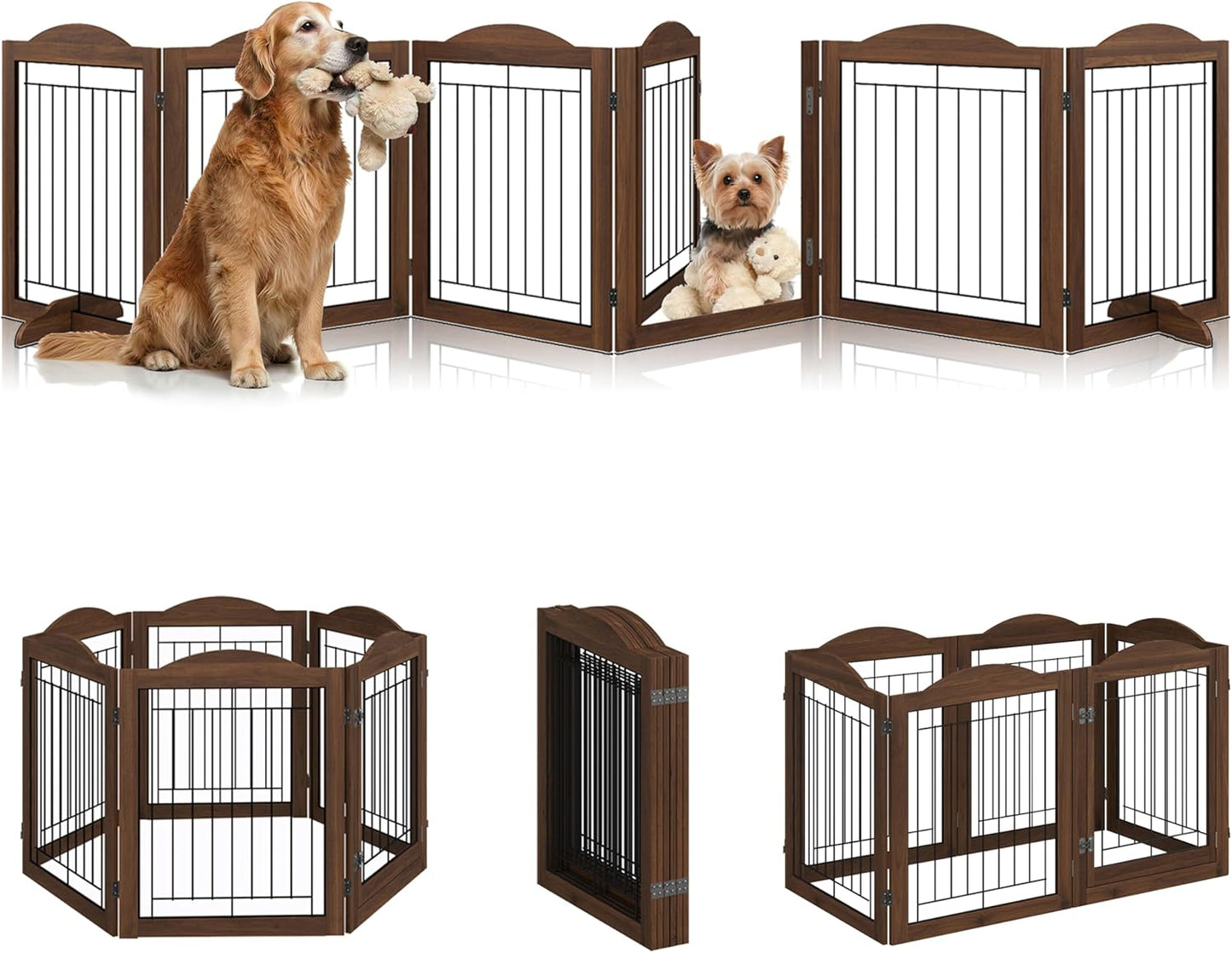 Vantas Espresso Wooden Folding Dog Gate 144" Wide x 30" Tall with Door, Freestanding Pet Gate, Pet Puppy Safety Fence