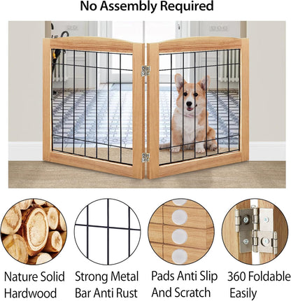 LZRS 2-Panel Freestanding Foldable Wood Dog Gate – Solid Wood & Steel Wire, Chew-Resistant Pet Barrier for Indoor Use, Ideal for Small to Medium Dogs, White