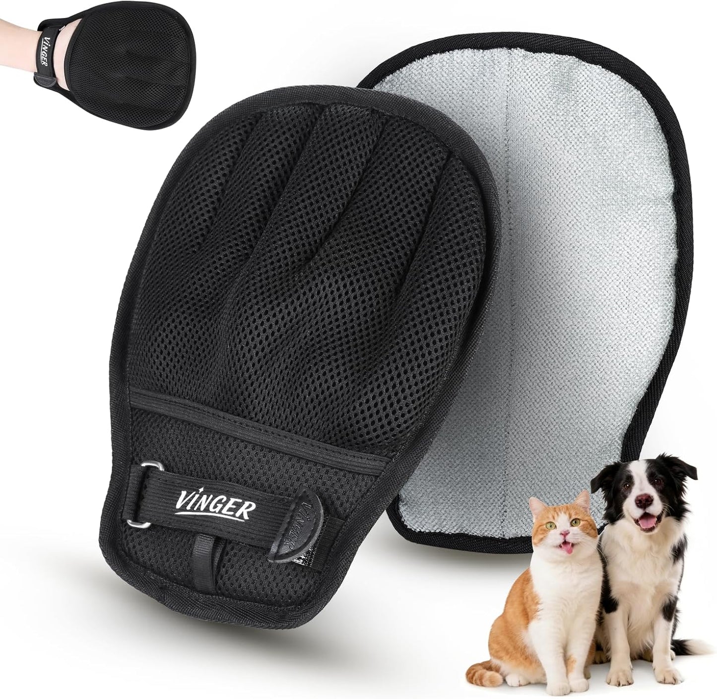 VINGER Pet Hair Removal Glove for Cats & Dogs, Electrostatic Pet Hair Gloves with Adjustable Wristband, Five-Finger Magic Brush Remover Tool for Laundry, Carpet, Couch, Car Seats & Clothing (Black)
