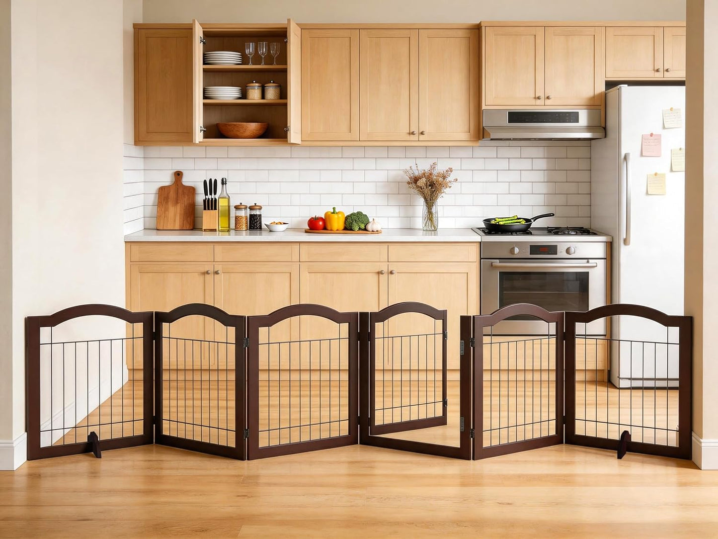 Vantas Espresso Wooden Folding Dog Gate 144" Wide x 30" Tall with Door, Freestanding Pet Gate, Pet Puppy Safety Fence
