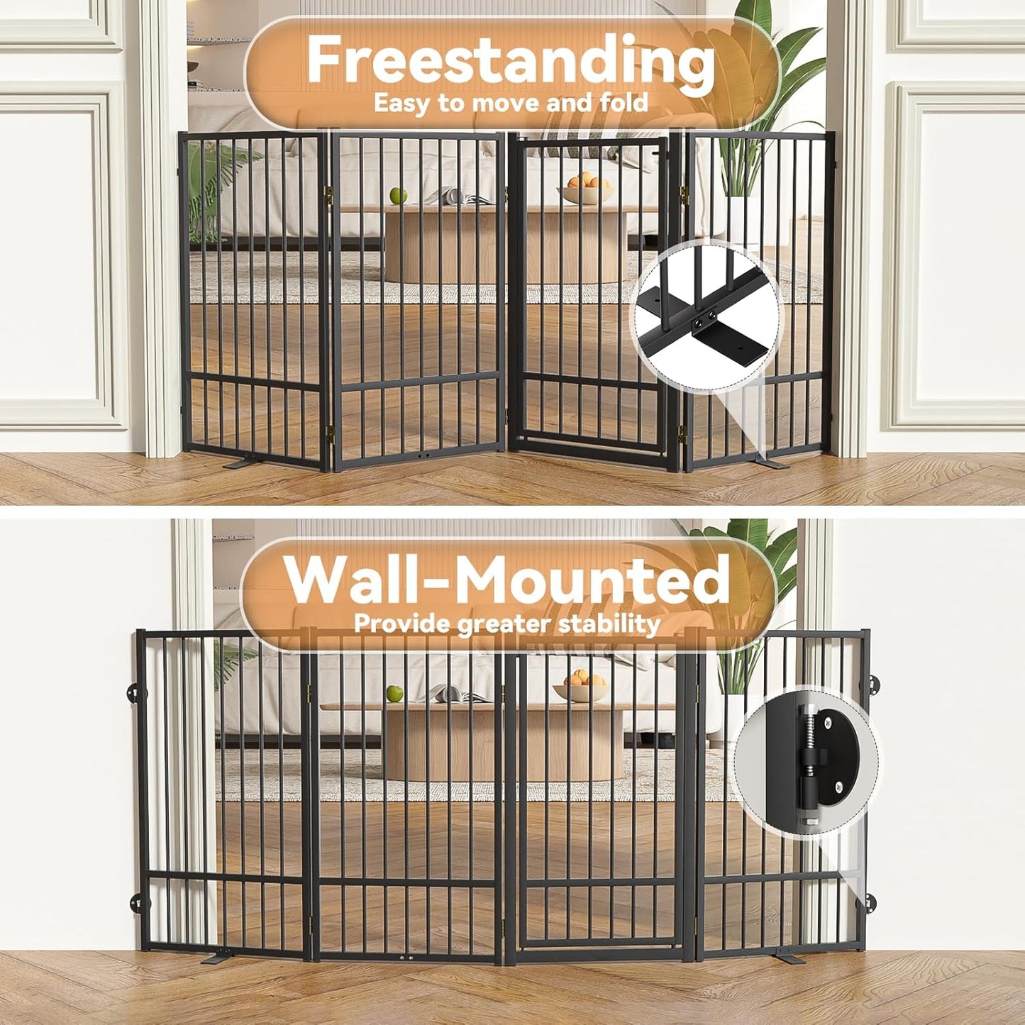 SNUOWU Full Metal Freestanding Dog Gate with Door, 32''Height Foldable Pet Dog Fence for Indoor & Outdoor, 4 Panels Extra Wide Free Standing TallDog Gates for Doorways,House,Stairs,Porch,Deck,Yard