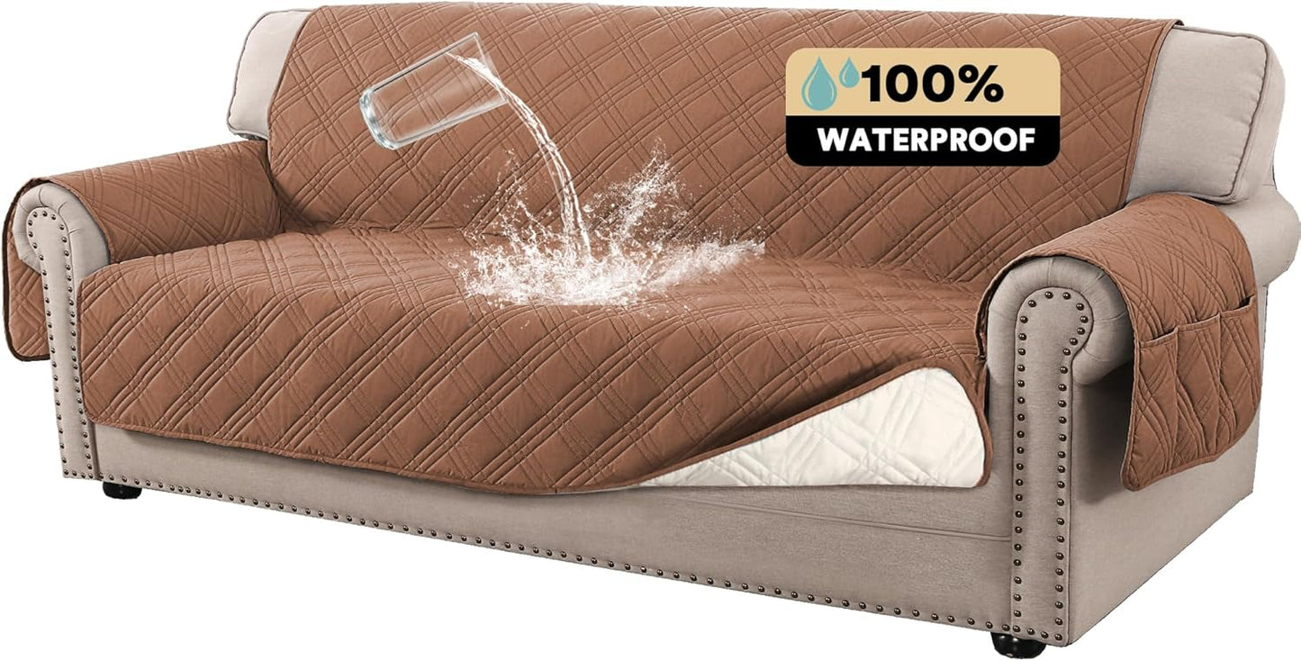 PrinceDeco 100% Waterproof Couch Cover for 3 Cushion Couch Sofa Pet Friendly Non-Slip Couch Cover for Dogs Washable Water Resistant Furniture Protector with Elastic Straps(Sofa 68", French Oak)