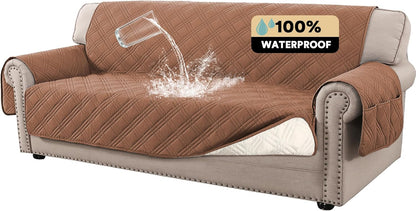PrinceDeco 100% Waterproof Couch Cover for 3 Cushion Couch Sofa Pet Friendly Non-Slip Couch Cover for Dogs Washable Water Resistant Furniture Protector with Elastic Straps(Sofa 68", French Oak)