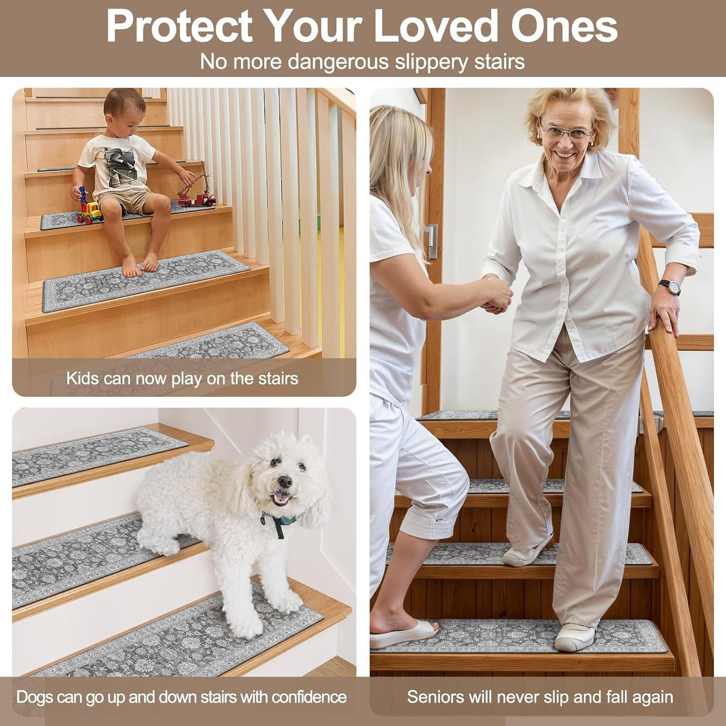 OJIA Extra Non-Slip Stair Treads for Wooden Steps 15PCS, 30"X8" Rubber Indoor Stair Runner Slip Resistant Stair Rugs Safety Mats for Dogs, Kids & Elders, Stairway Grip Step Treads, Gray