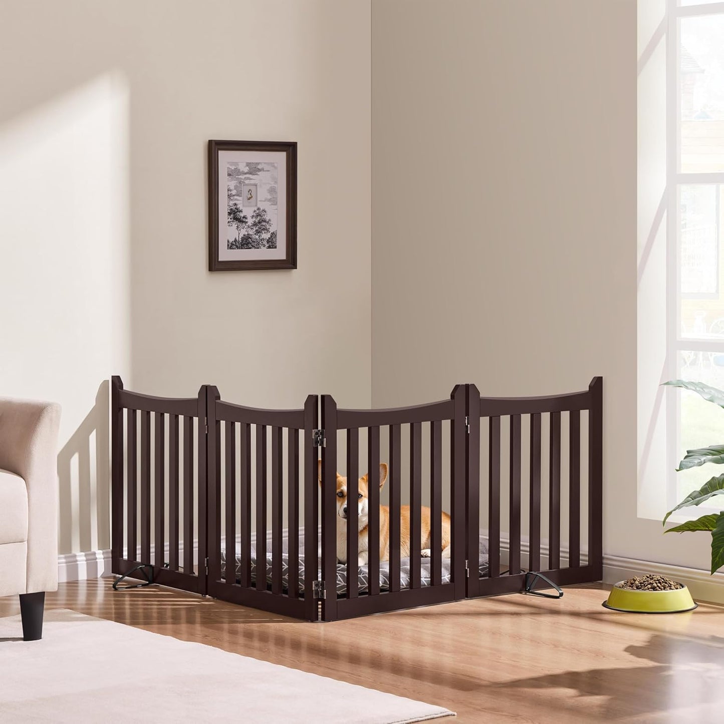 Yaheetech 36" H Extra Tall Freestanding Pet Gate 4-Panel Wooden Dog Fence with 2 Support Feet Folding Dog Gate for Indoor, Stairs, Doorways, Halls, Kitchen Wooden Pet Barrier White, 79.5" L x 36" H